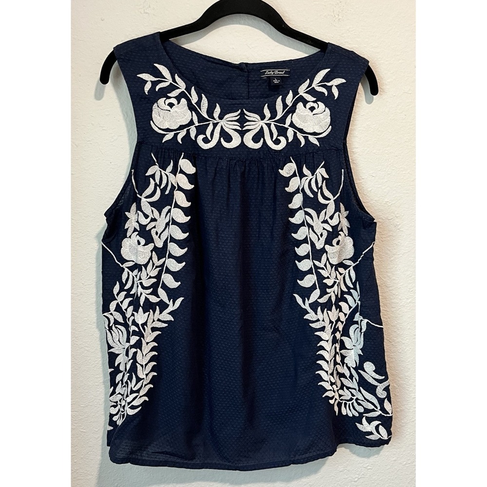 Lucky Brand Women's Tank Large Peasant Festival Boho Embroidered Navy Blue